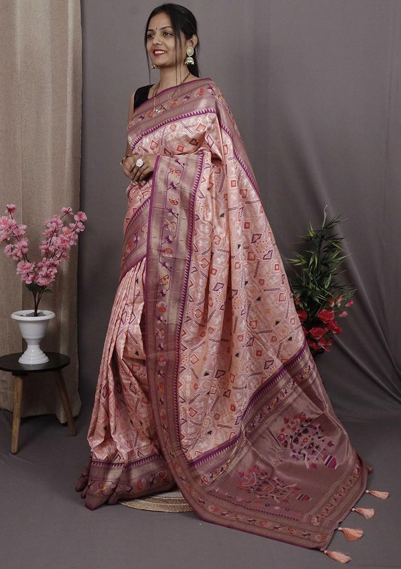Pink Zari Printed Blended Saree Set - Indya