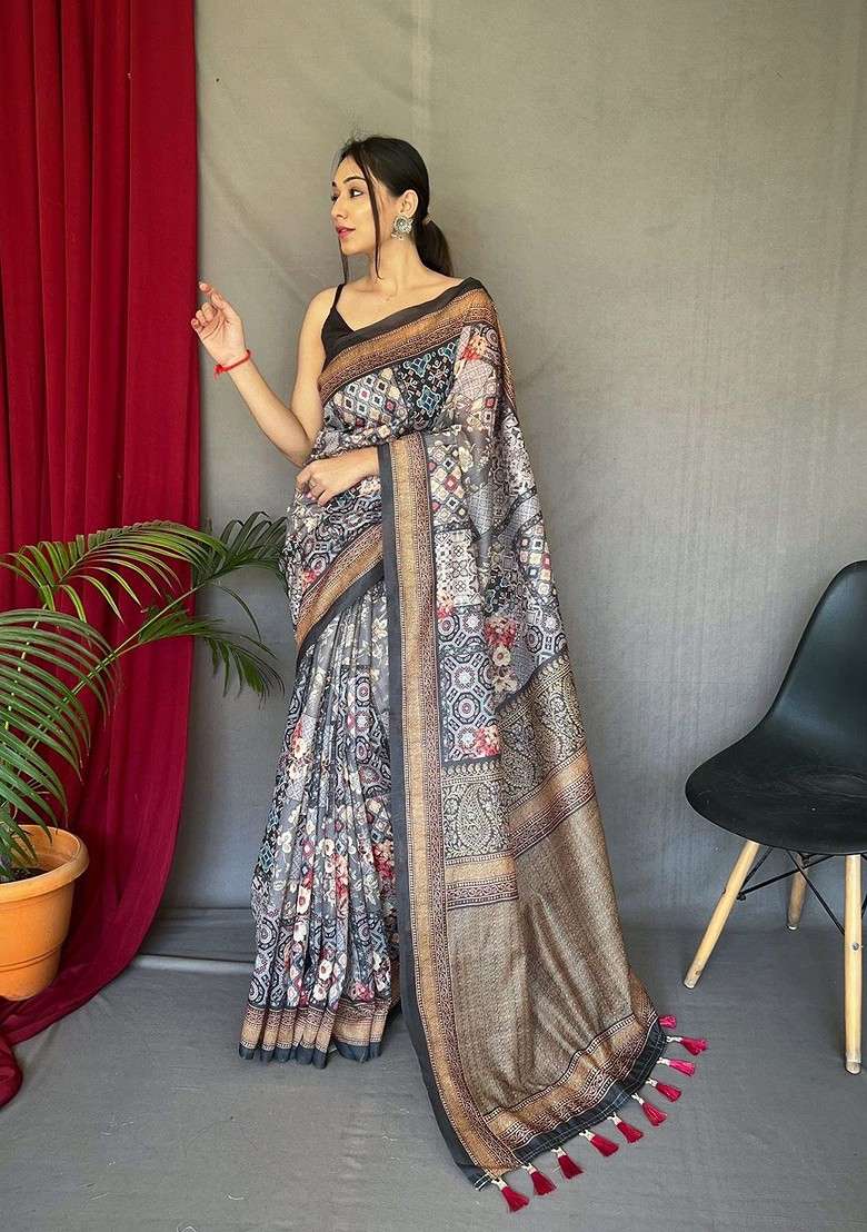 Grey Printed Blended Saree Set for Diwali and Festive Wear - Indya