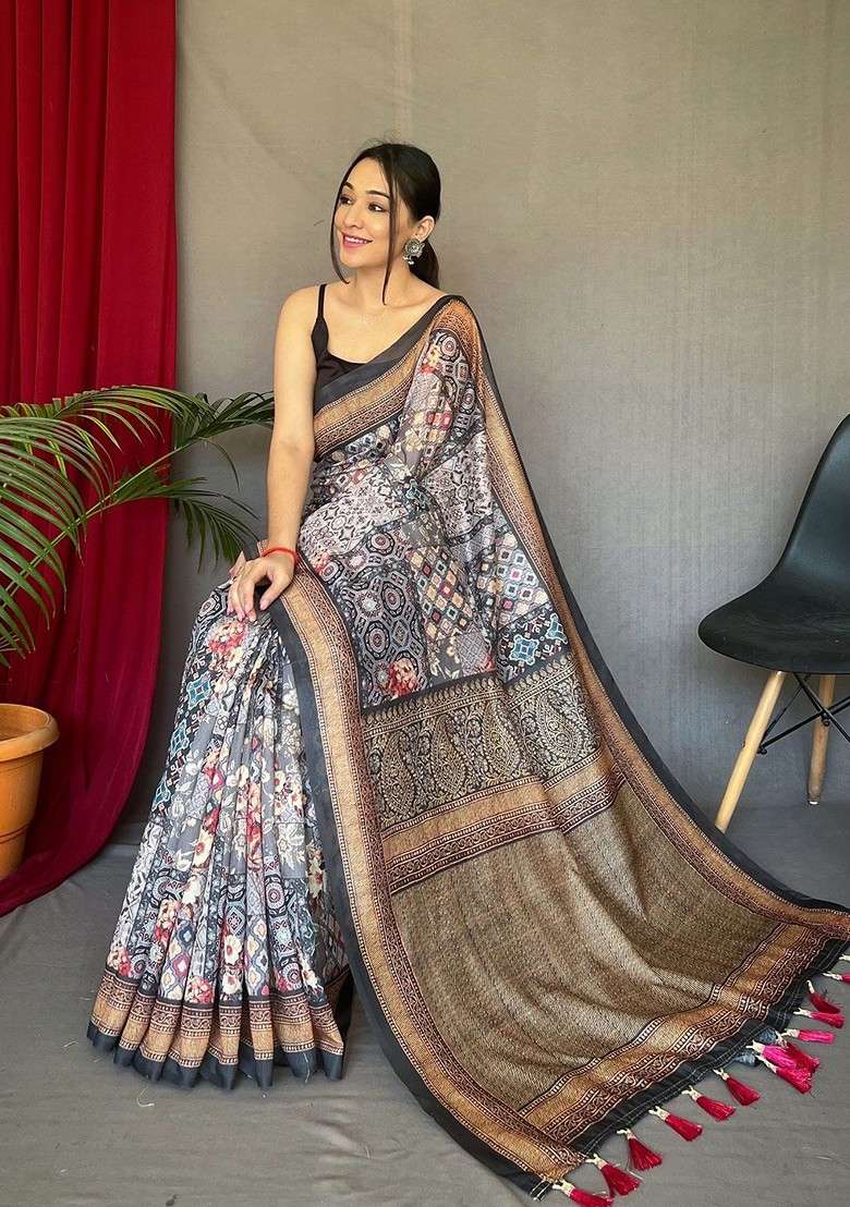 Grey Printed Blended Saree Set for Diwali and Festive Wear - Indya