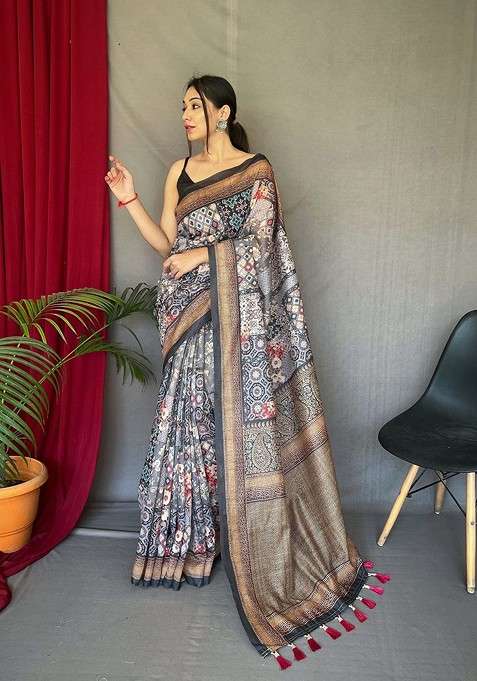 Grey Printed Blended Saree Set for Diwali and Festive Wear