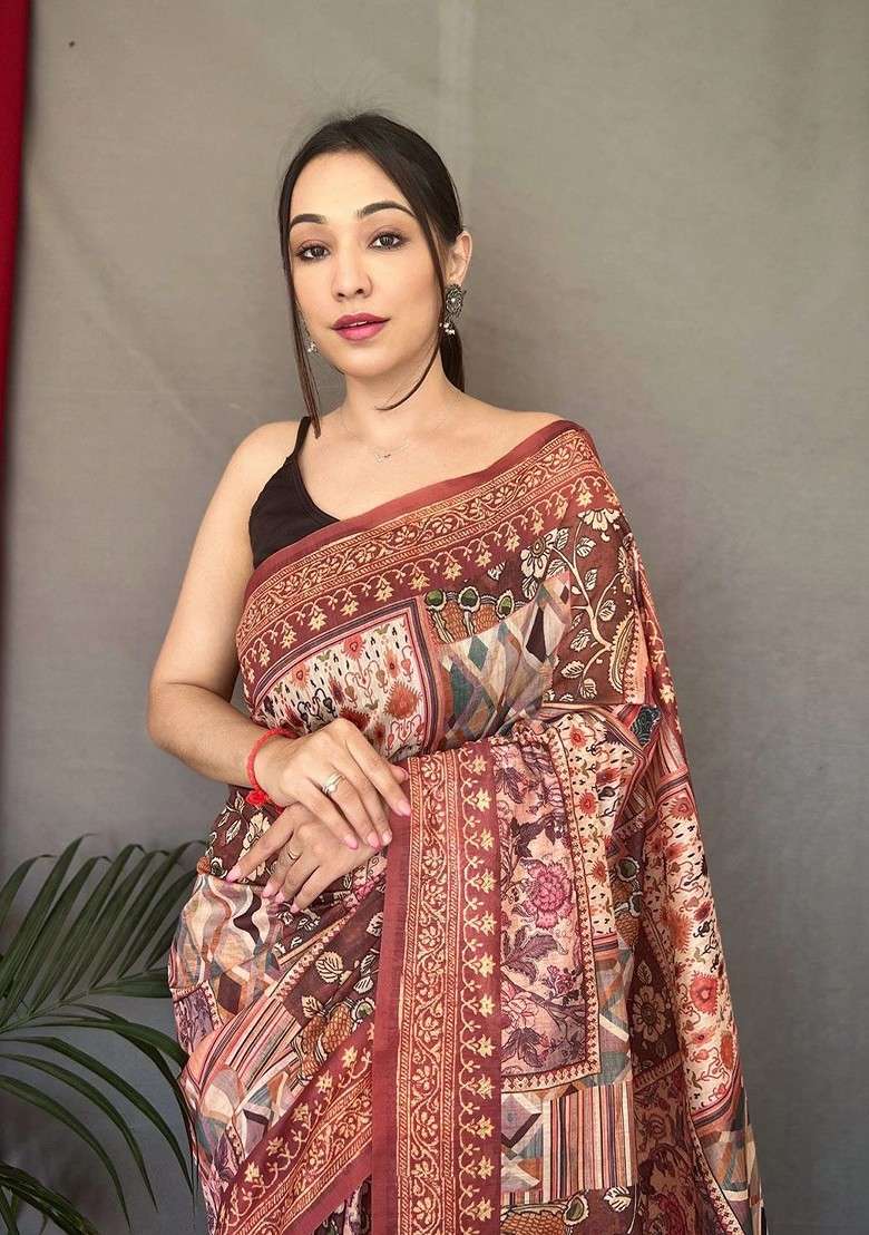 Brown Blended Saree Set with Printed for Diwali | Wedding & Festive Wear - Indya
