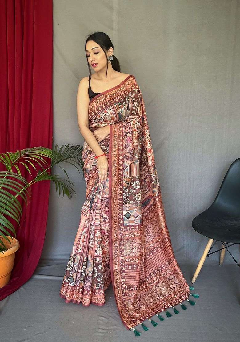 Brown Blended Saree Set with Printed for Diwali | Wedding & Festive Wear - Indya
