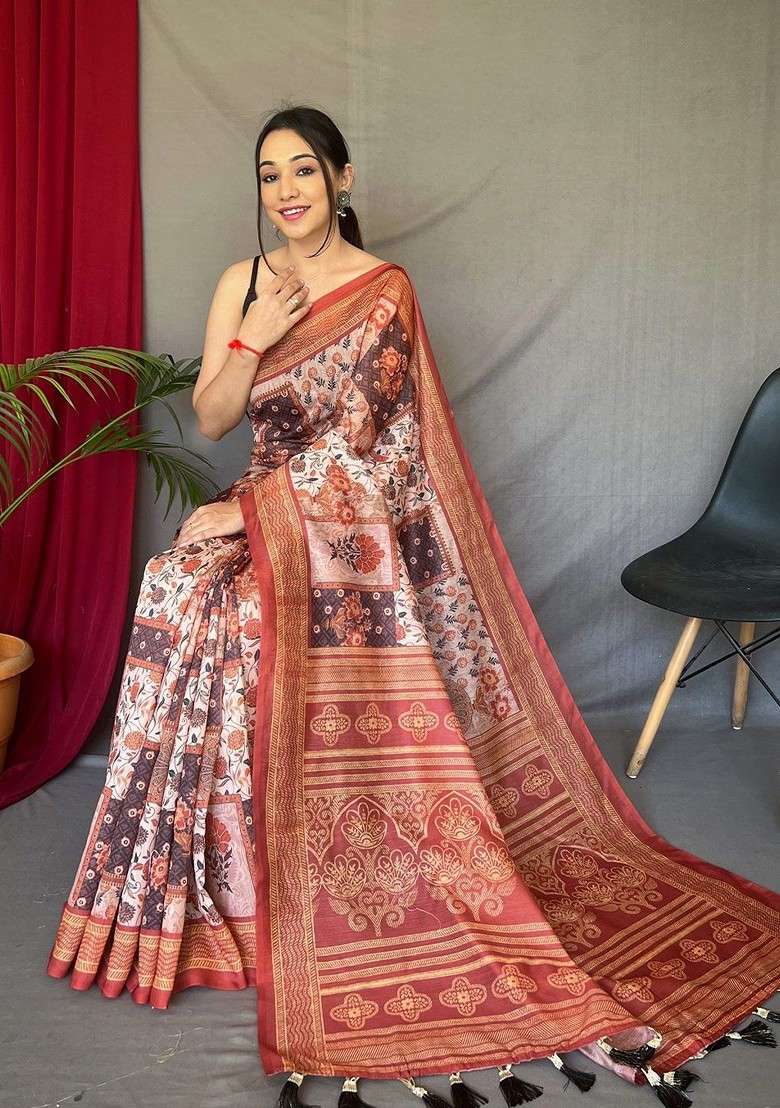 Orange Printed Blended Saree Set for Diwali and Festive Wear - Indya