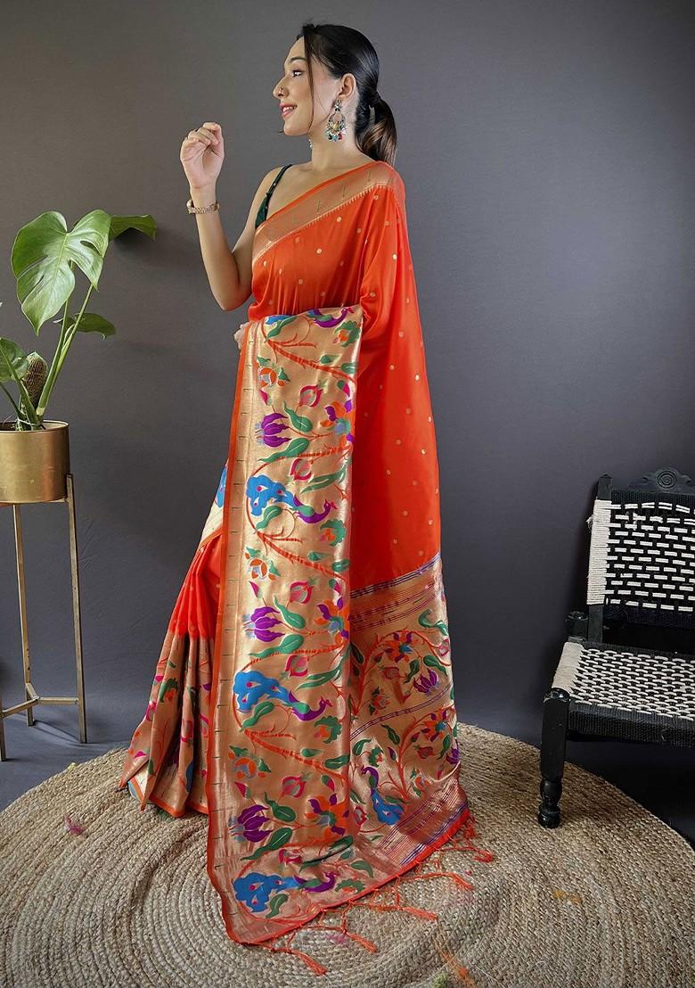 Orange Zari Printed Blended Saree Set - Indya