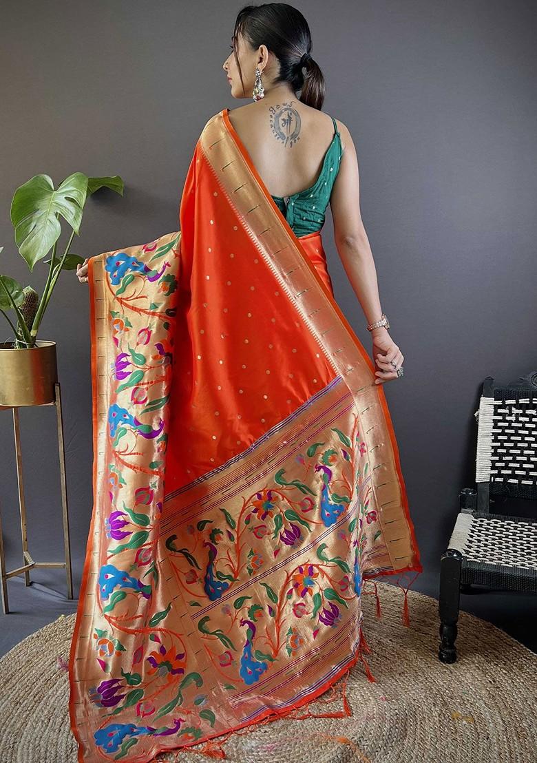 Orange Zari Printed Blended Saree Set - Indya