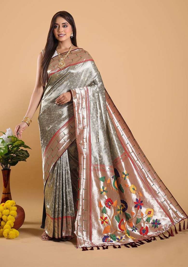 Grey Zari Printed Blended Saree Set for Diwali and Festive Wear - Indya