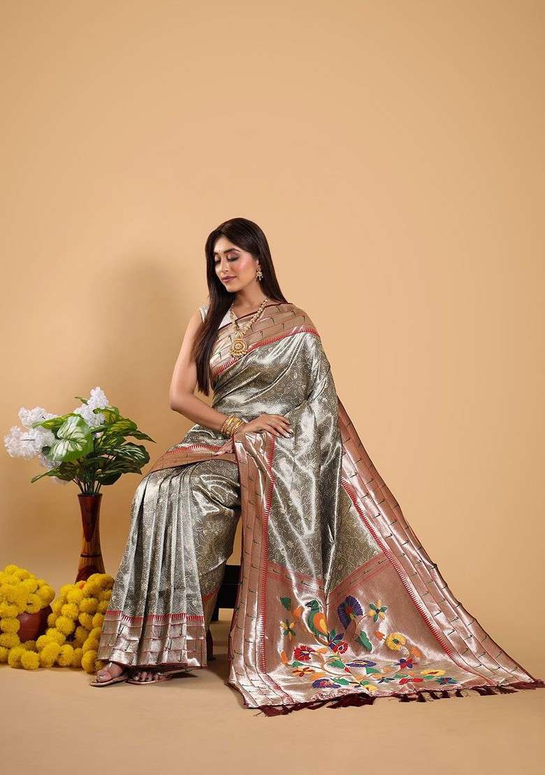Grey Zari Printed Blended Saree Set for Diwali and Festive Wear - Indya