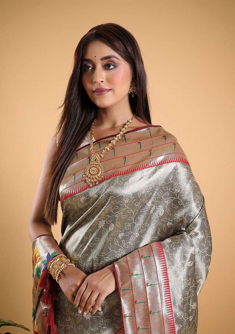 Grey Zari Printed Blended Saree Set for Diwali and Festive Wear - Indya