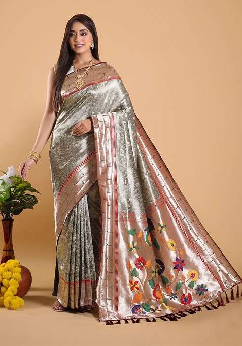 Grey Zari Printed Blended Saree Set for Diwali and Festive Wear