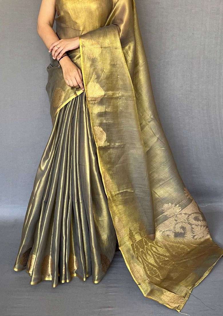 Gold Zari Printed Blended Saree Set - Indya