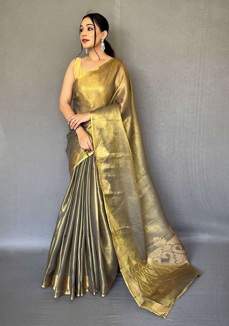 Gold Zari Printed Blended Saree Set for Diwali and Festive Wear - Indya