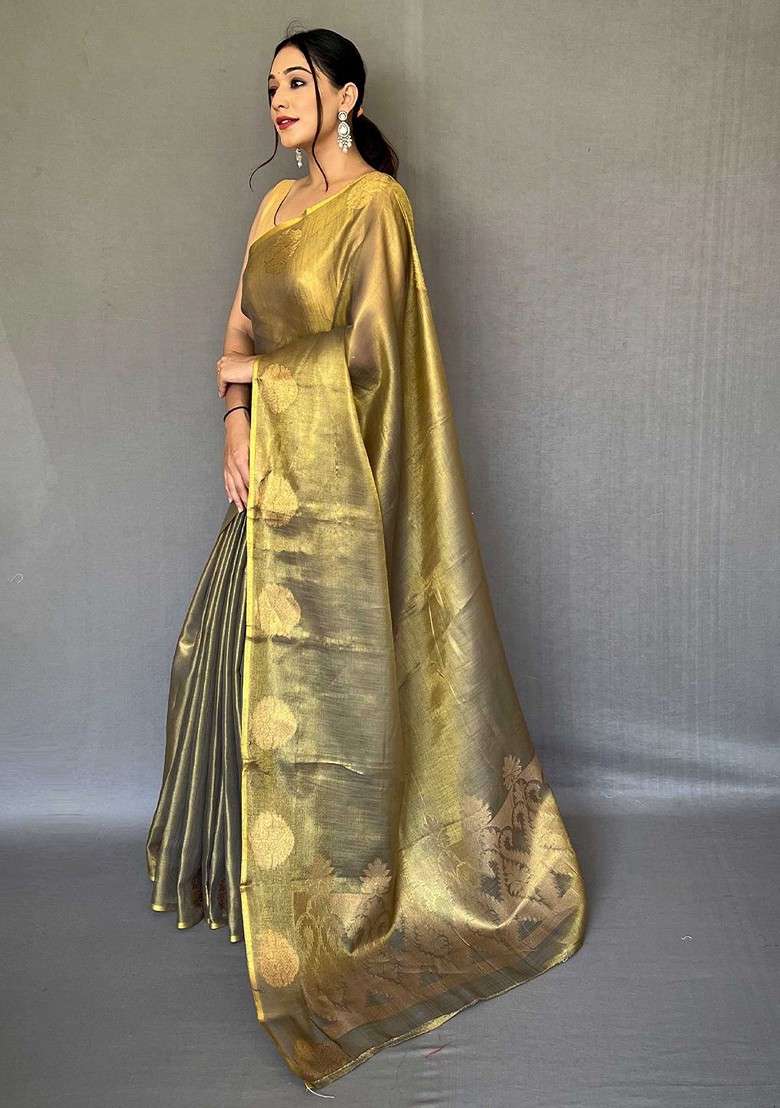 Gold Zari Printed Blended Saree Set - Indya