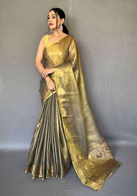 Gold Zari Printed Blended Saree Set for Diwali and Festive Wear