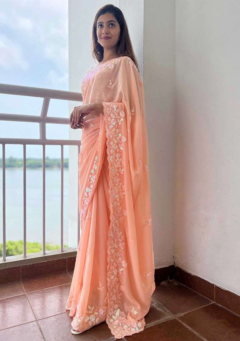 Orange Embellished Blended Saree Set for Diwali | Wedding & Festive Wear - Indya