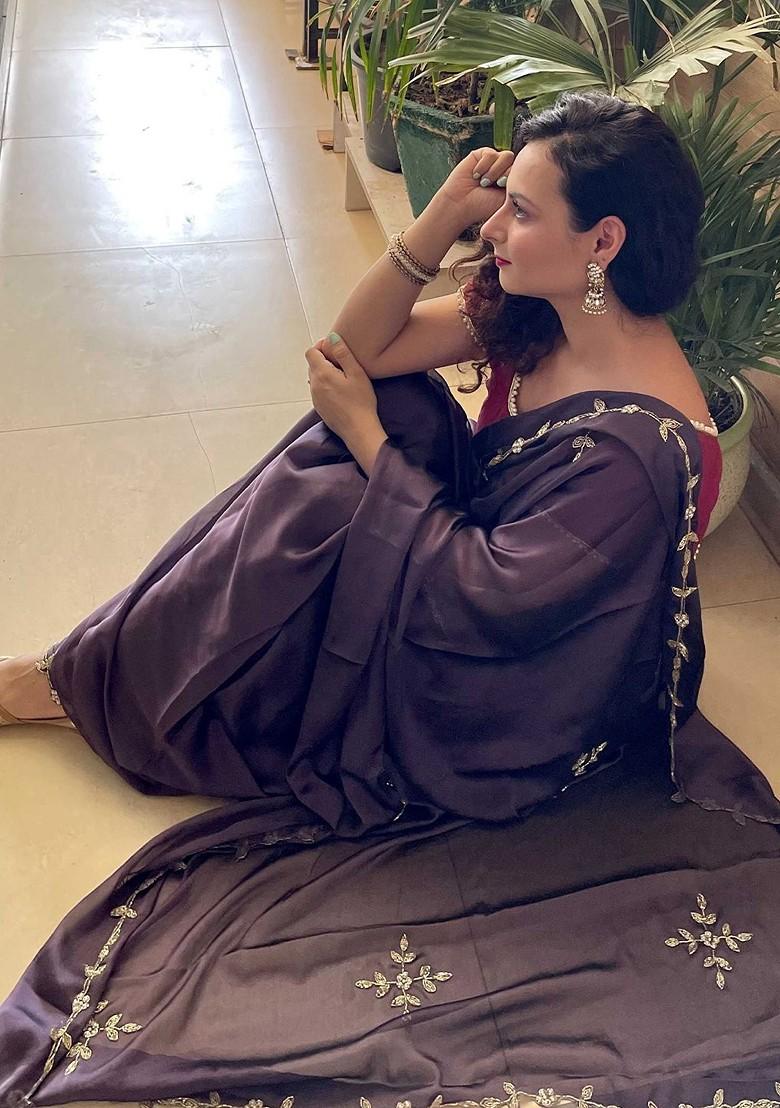 Brown Embellished Blended Saree Set - Indya