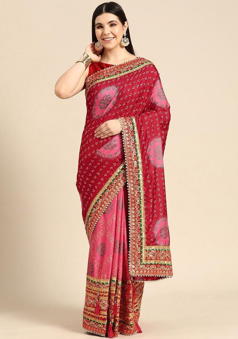 Pink Printed Blended Saree Set - Indya