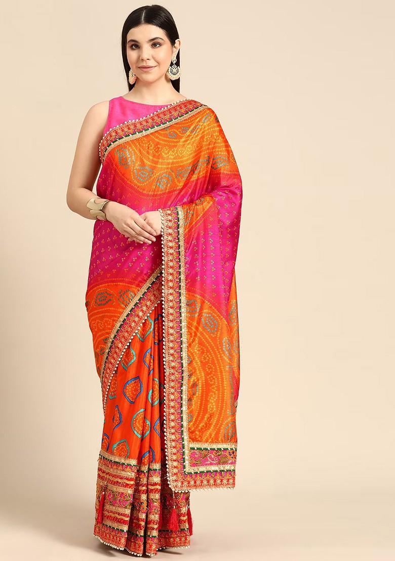 Pink Printed Blended Saree Set - Indya