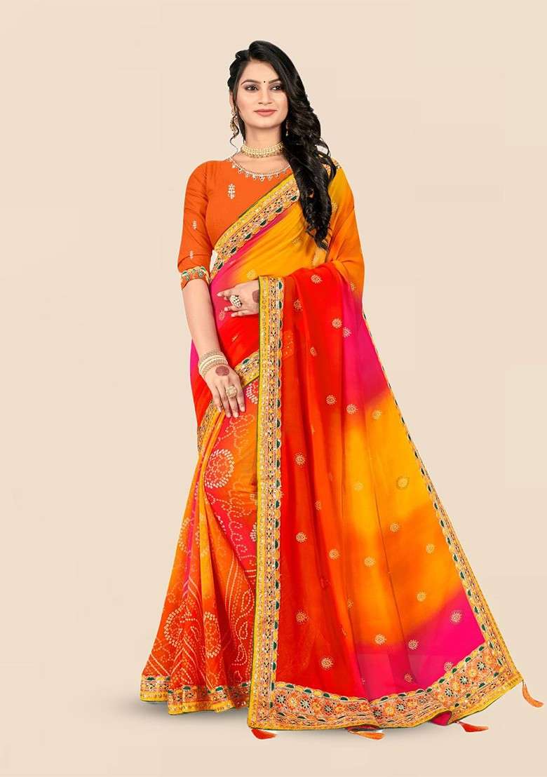 Yellow Embellished Blended Saree Set for Diwali and Festive Wear - Indya