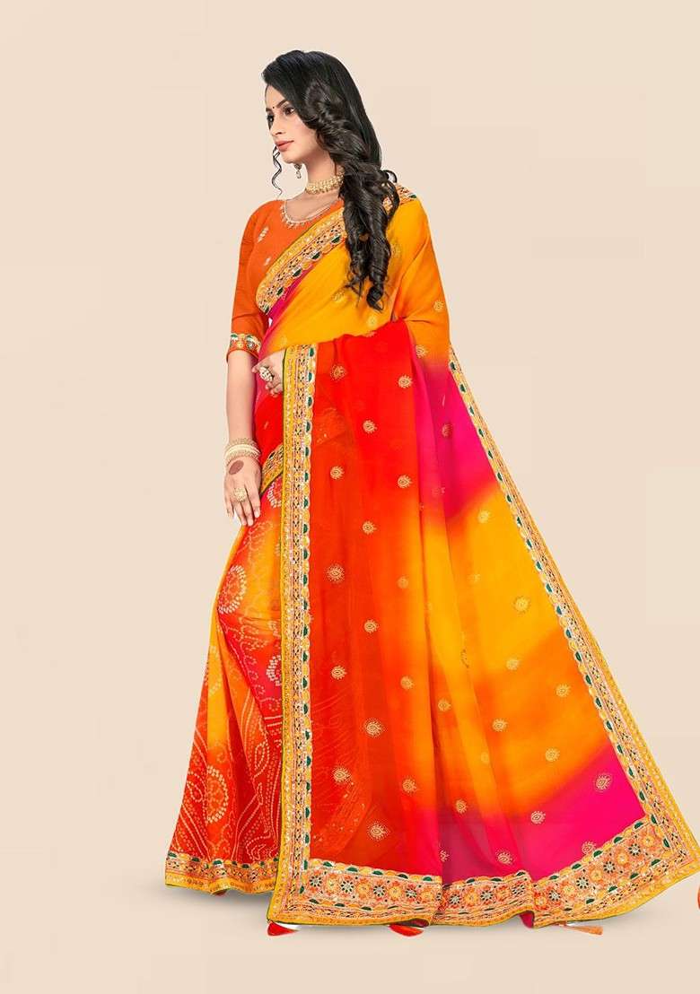Yellow Embellished Blended Saree Set for Diwali and Festive Wear - Indya