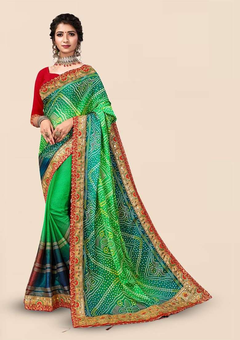 Green Embroidered Blended Saree Set for Diwali and Festive Wear - Indya