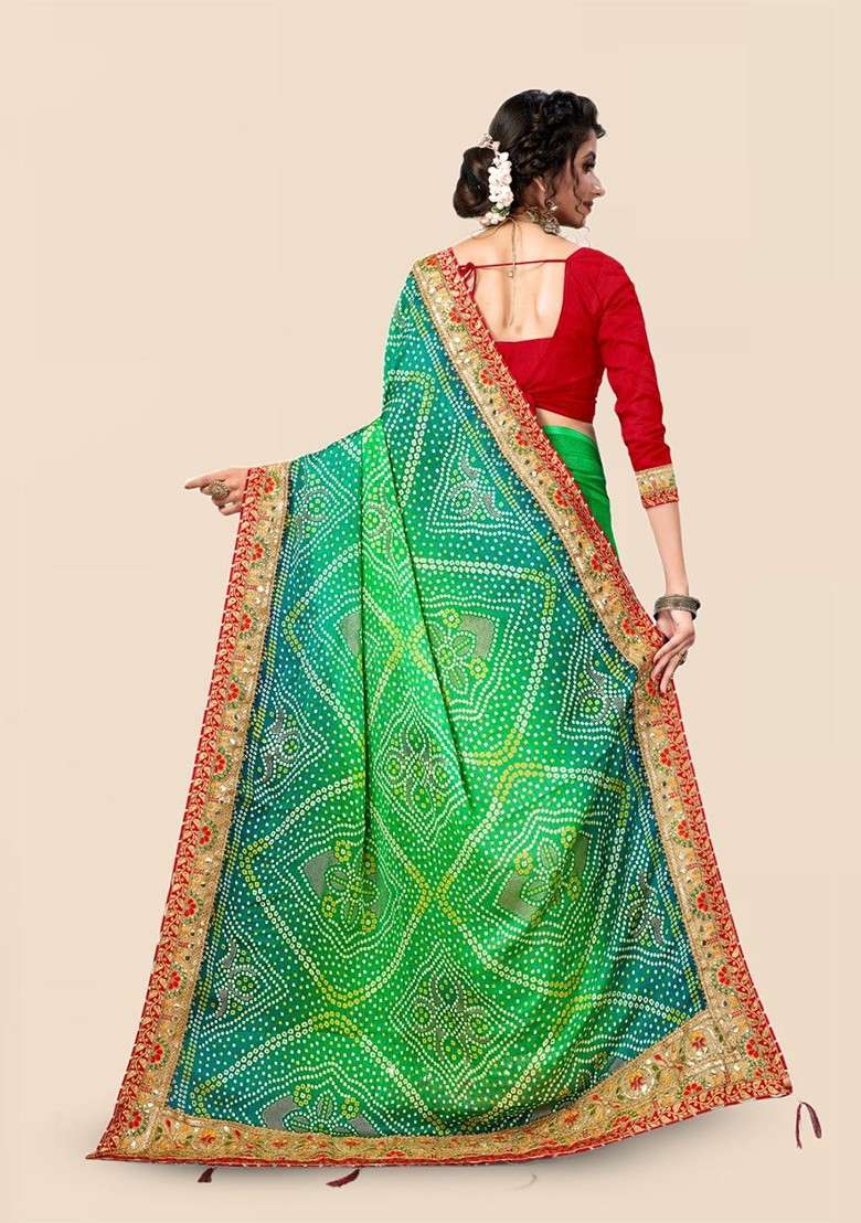 Green Embroidered Blended Saree Set for Diwali and Festive Wear - Indya