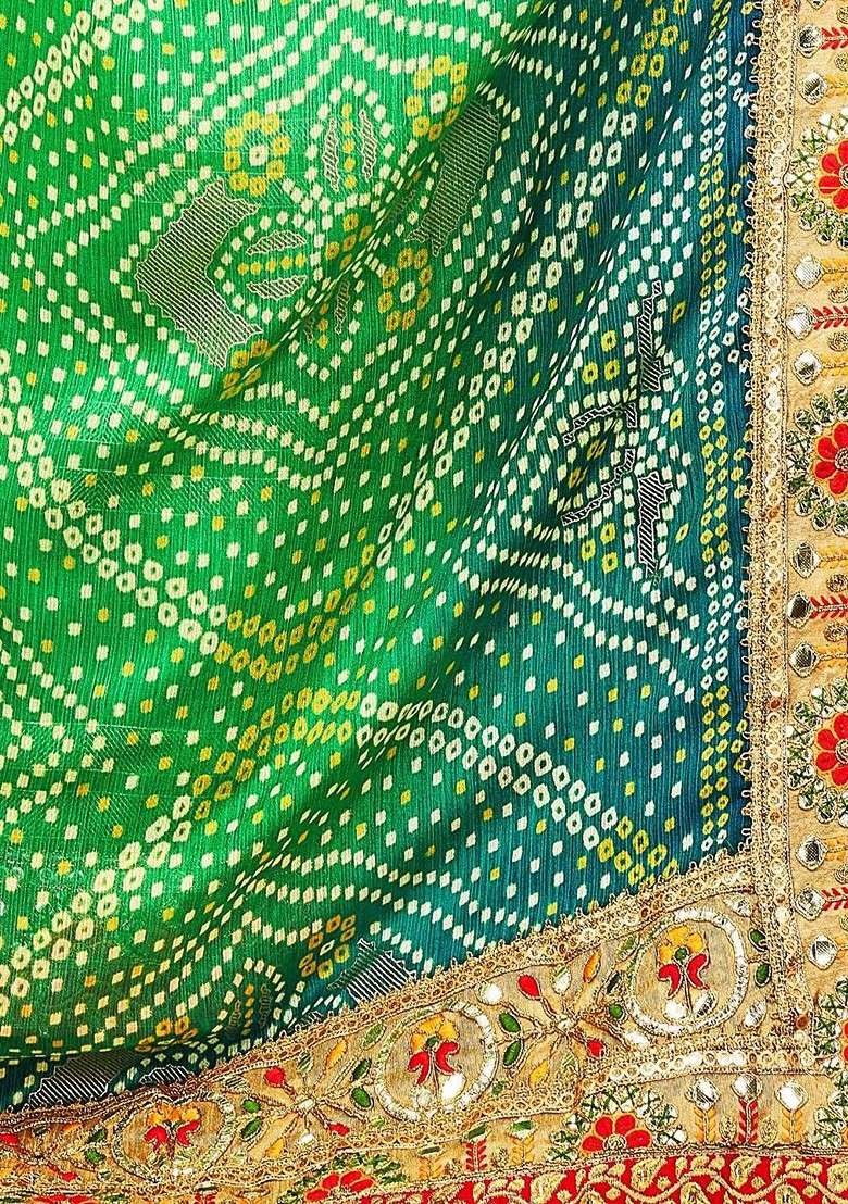 Green Embroidered Blended Saree Set for Diwali and Festive Wear - Indya