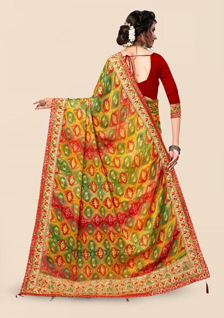 Yellow Printed Blended Saree Set - Indya