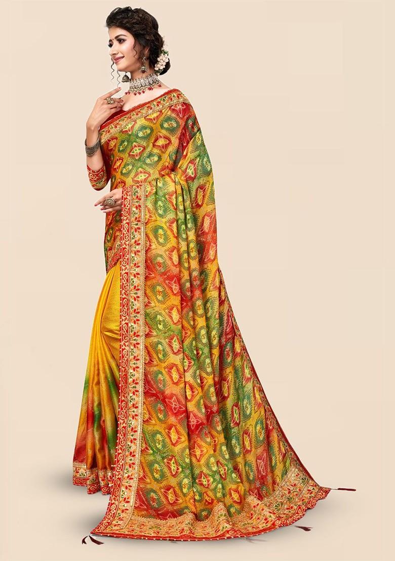 Yellow Printed Blended Saree Set - Indya
