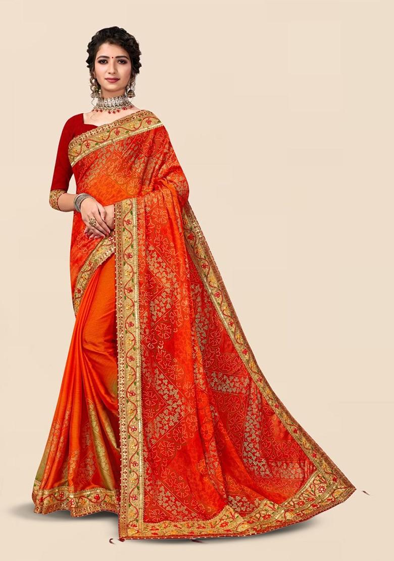 Orange Printed Blended Saree Set - Indya