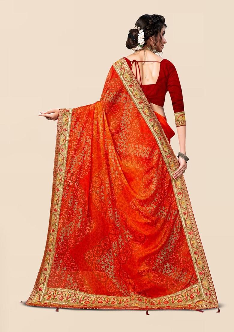 Orange Printed Blended Saree Set - Indya