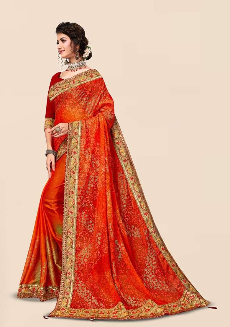 Orange Blended Saree Set with Printed for Diwali | Wedding & Festive Wear - Indya