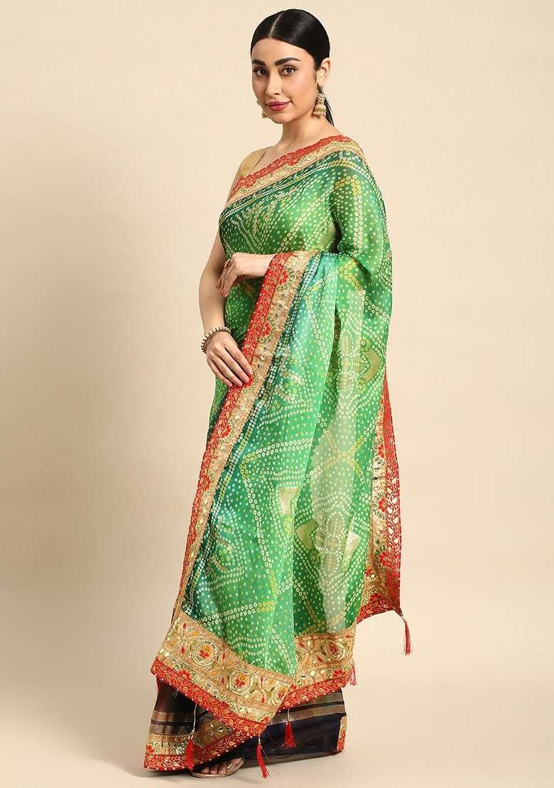 Green Embroidered Blended Saree Set for Diwali and Festive Wear - Indya