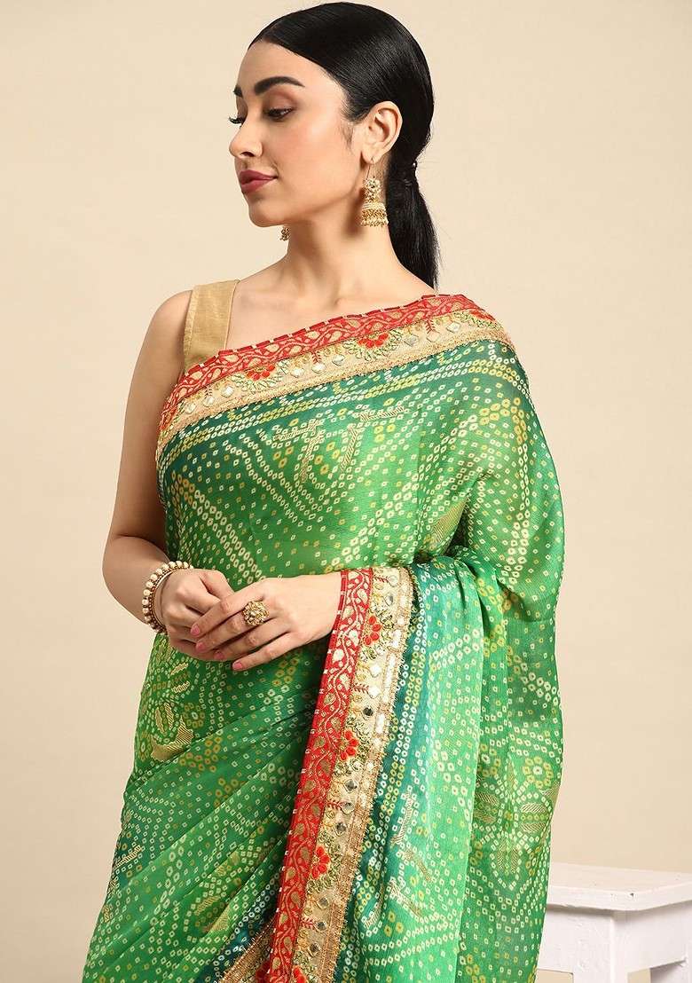 Green Embroidered Blended Saree Set for Diwali and Festive Wear - Indya