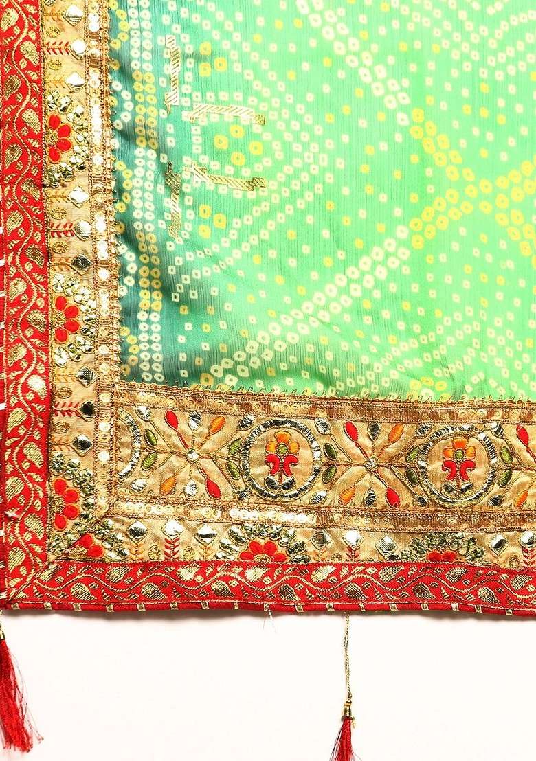 Green Embroidered Blended Saree Set for Diwali and Festive Wear - Indya