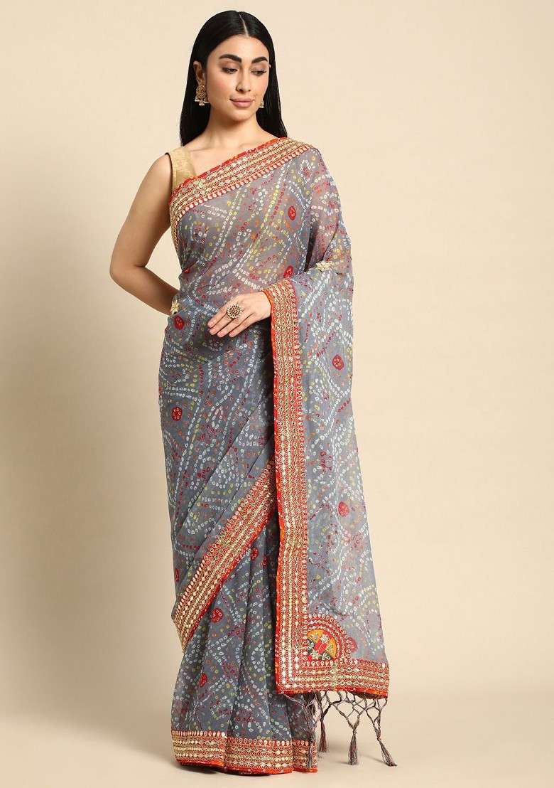Grey Printed Blended Saree Set for Diwali and Festive Wear - Indya