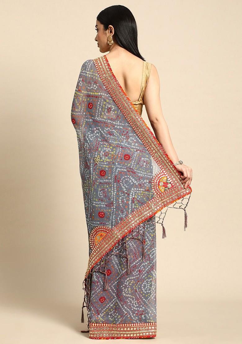 Grey Printed Blended Saree Set - Indya