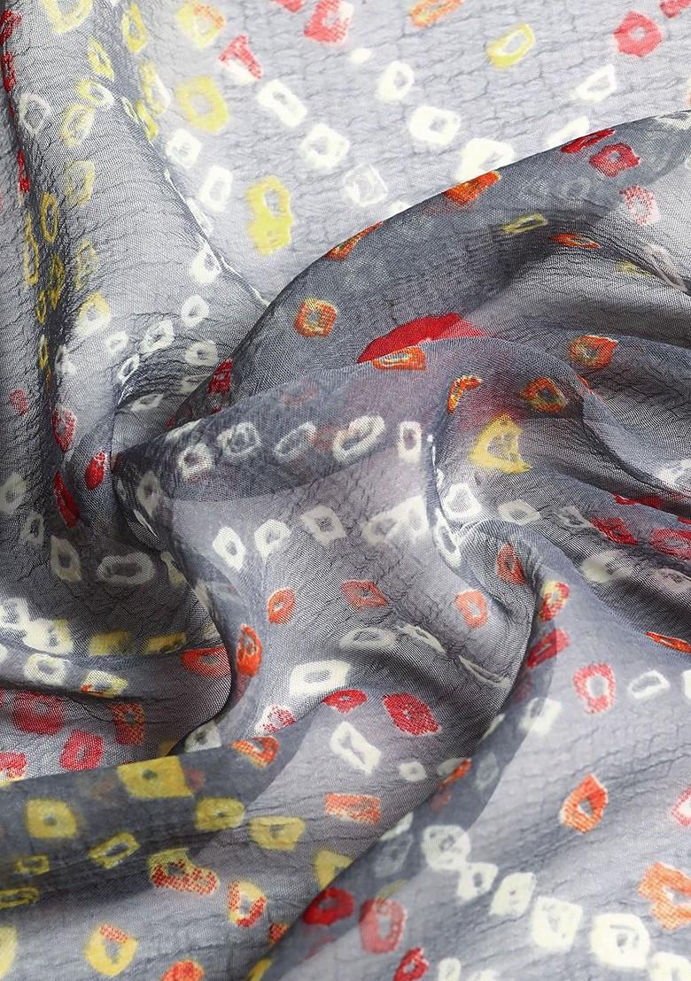 Grey Printed Blended Saree Set - Indya
