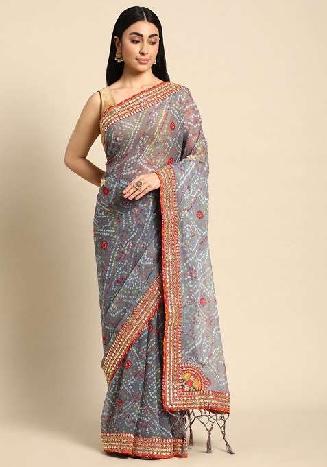 Grey Printed Blended Saree Set for Diwali and Festive Wear
