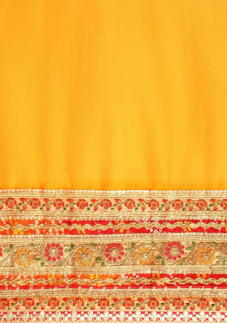 Yellow Printed Blended Saree Set - Indya