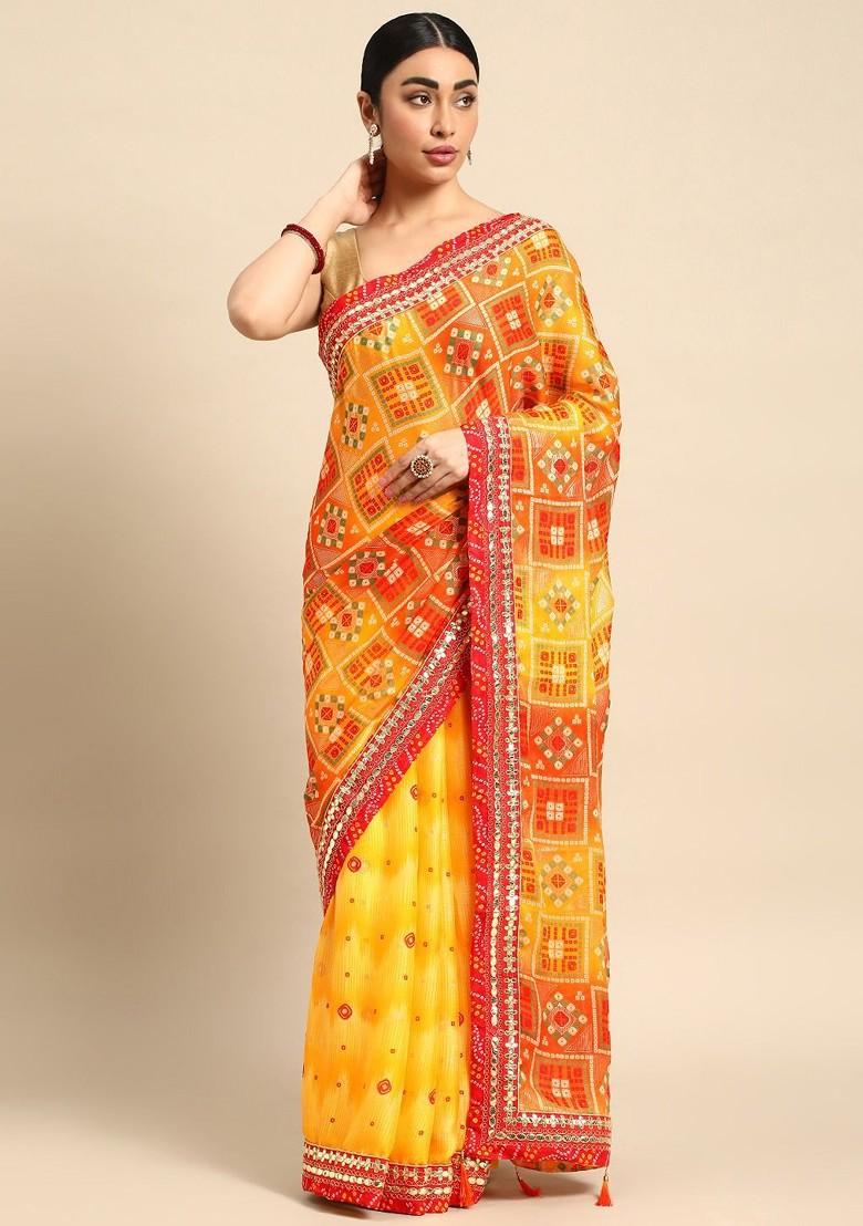 Yellow Embroidered Blended Saree Set - Indya