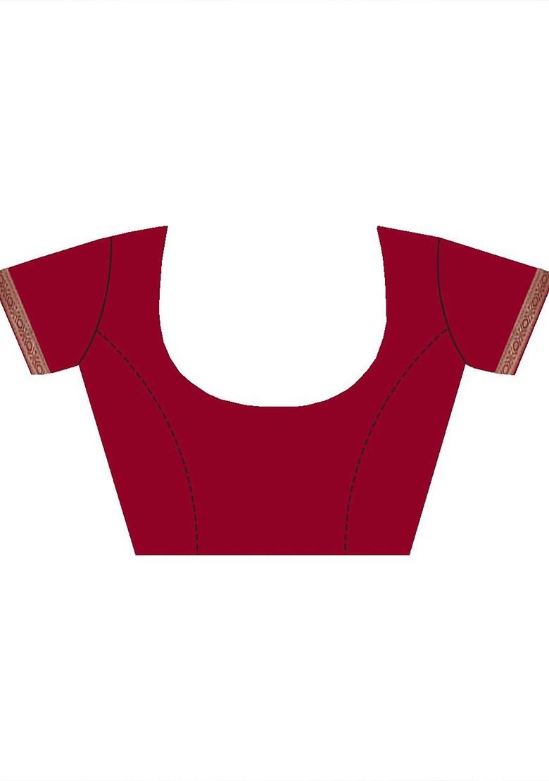 Red Zari Printed Blended Saree Set - Indya