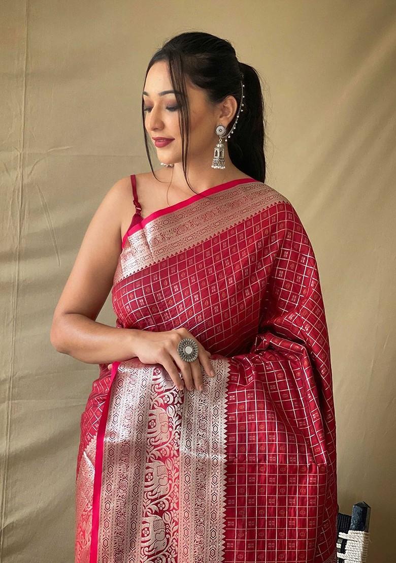 Red Zari Printed Blended Saree Set - Indya