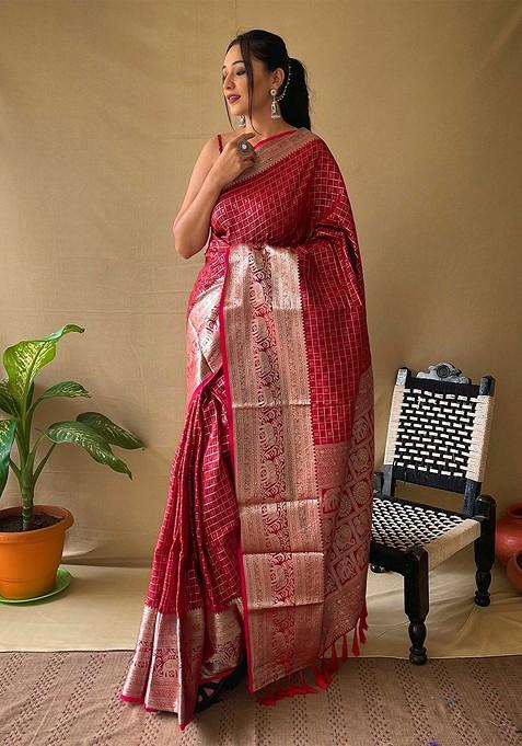 Red Zari Printed Blended Saree Set