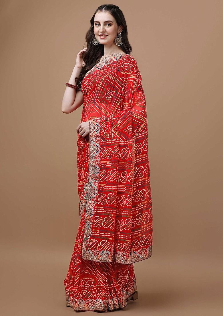 Red Printed Blended Saree Set - Indya