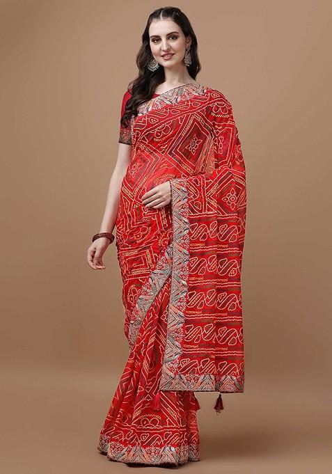 Red Printed Blended Saree Set