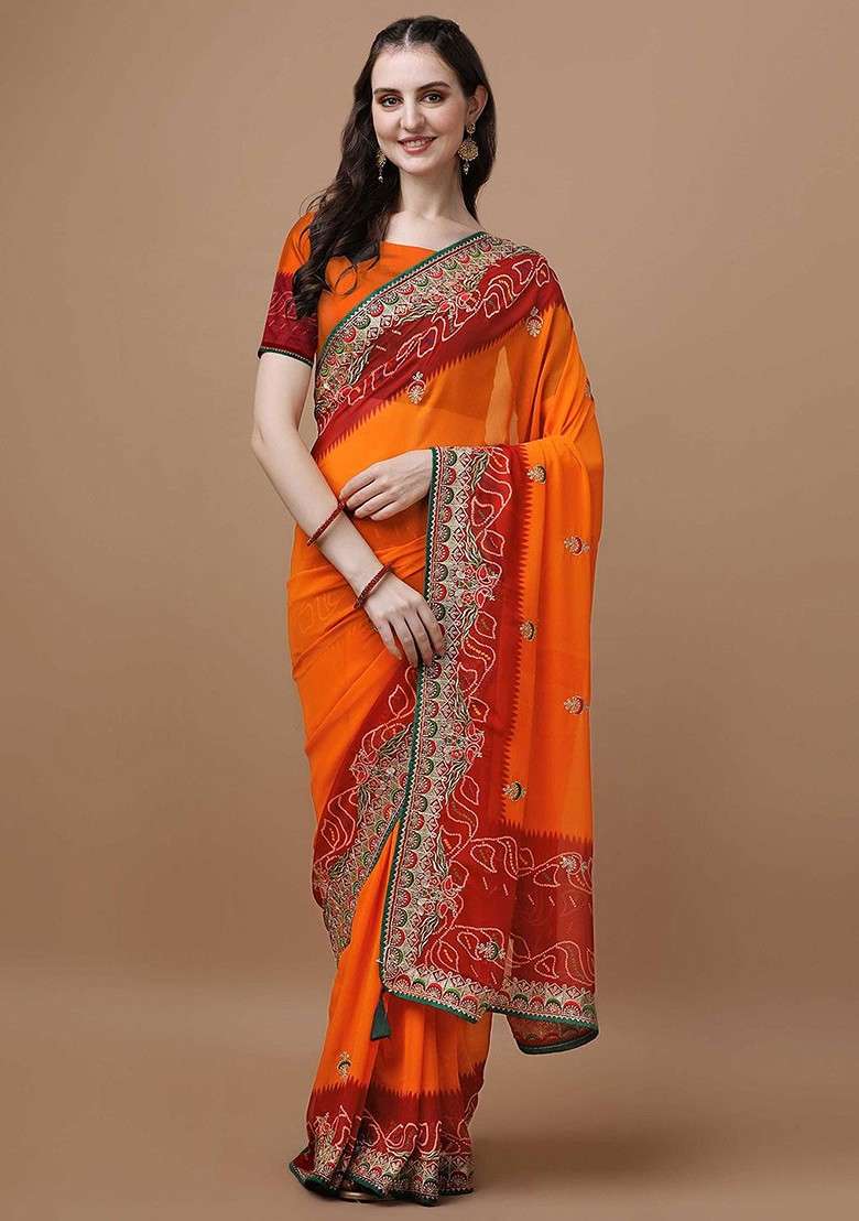 Orange Blended Saree Set with Embroidered for Diwali | Wedding & Festive Wear - Indya