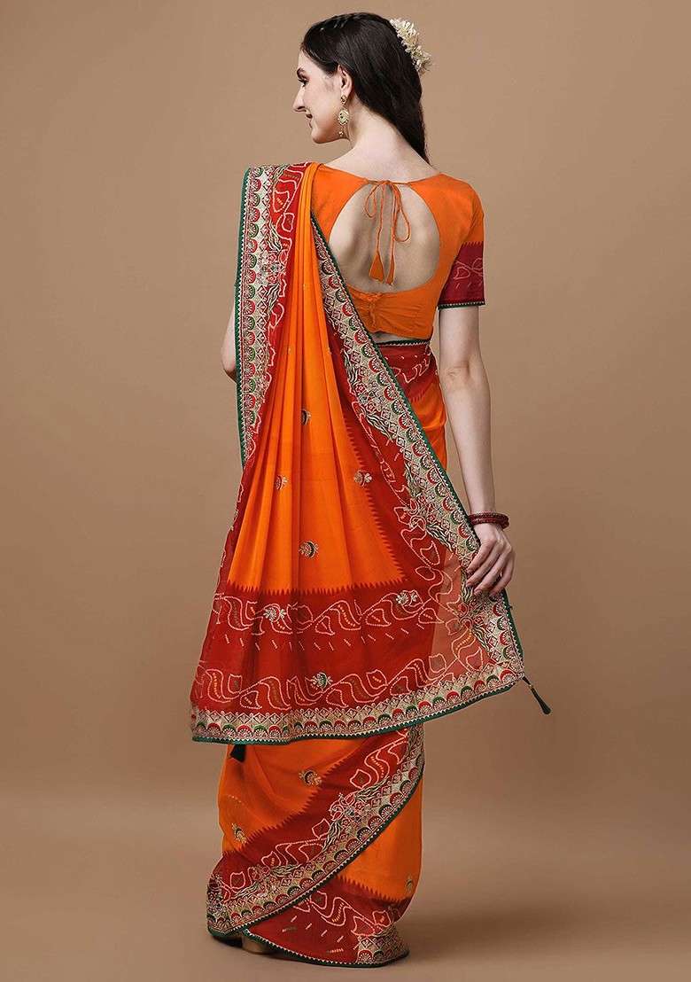 Orange Blended Saree Set with Embroidered for Diwali | Wedding & Festive Wear - Indya