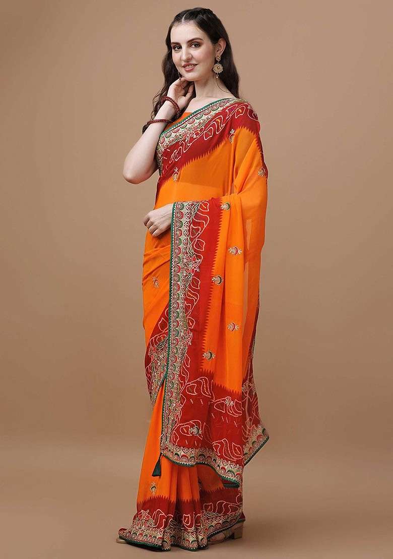 Orange Blended Saree Set with Embroidered for Diwali | Wedding & Festive Wear - Indya