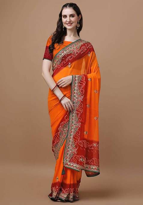 Orange Blended Saree Set with Embroidered for Diwali | Wedding & Festive Wear