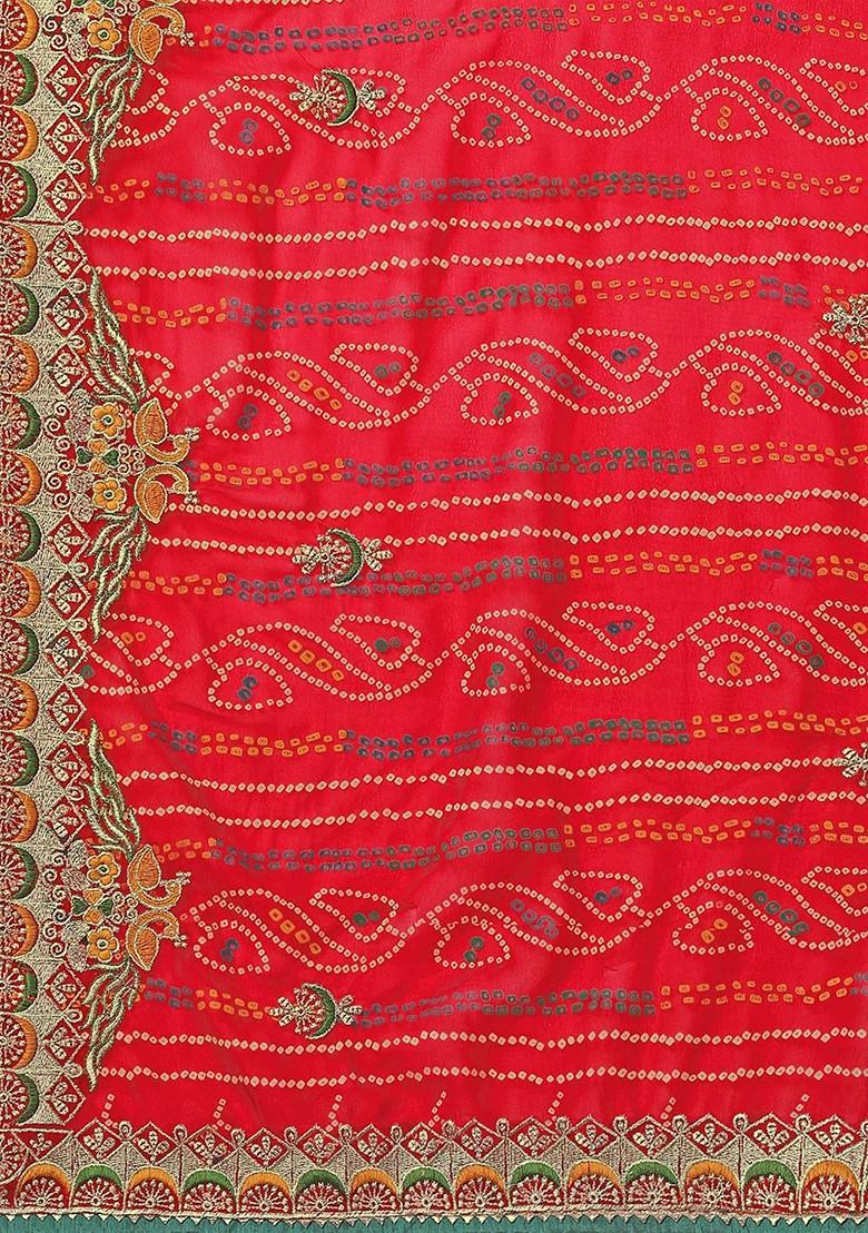 Red Printed Blended Saree Set - Indya